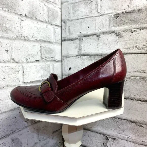 Naturalizer N5 Comfort Burgundy Leather Mid Block Heel Loafer Pump - Picture 1 of 9